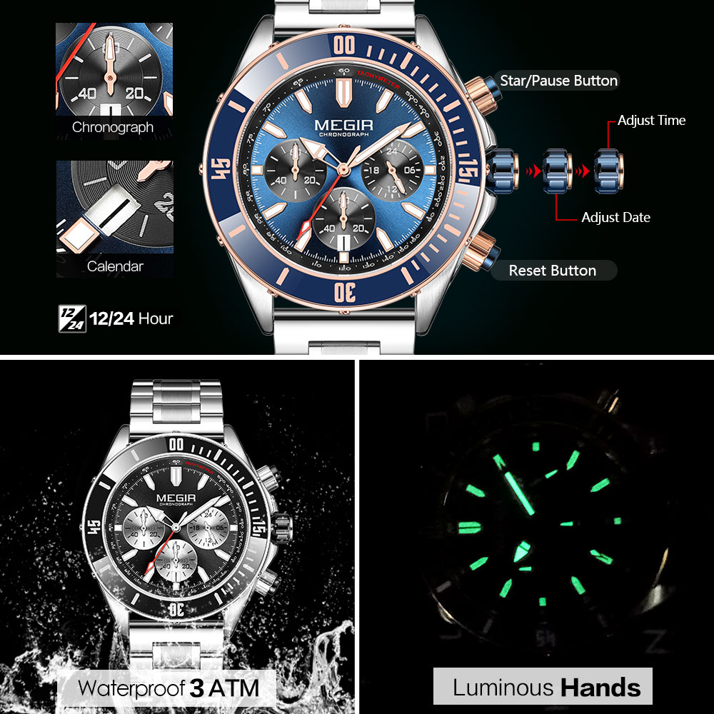 MEGIR-reloj analógico de acero - Luxury Watch Green Dial reseña y precio